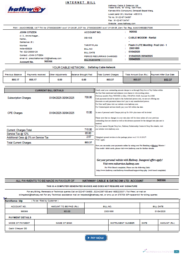 download India Hathway Cable & Datacom utility bill template in Word and PDF formats PDF template
